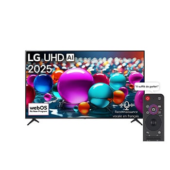 Vue avant d’une TV UHD UA75, logo LG UHD Al dans le coin supérieur. La LG UHD TV représente des textures colorées semblables à de la peinture, réunies.
